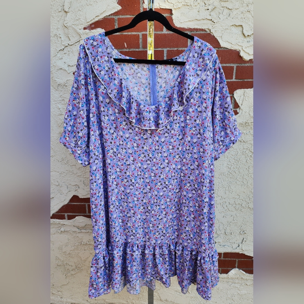 NEW 22 women BOOHOO floral shift ruffle dress short sleeve lilac purple